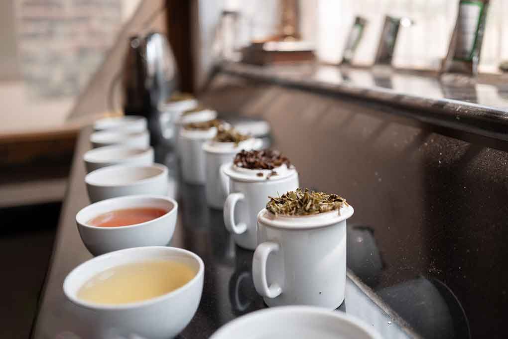 Teatasting, Teetassen mit unterschiedlichen Teesorten und die Teeblätter dazu